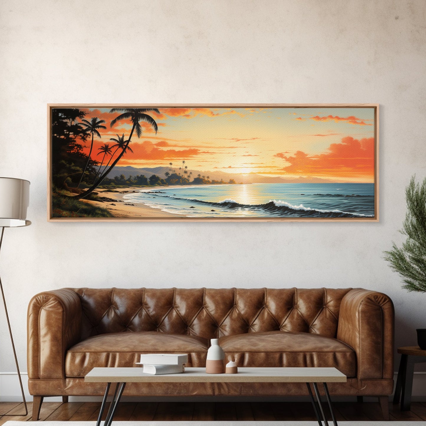 Panoramic Framed Canvas Print Wall Art Nautical Beach Ocean Wave Seascape Modern Art Coastal Room Decor, Extra Large Tropical Art